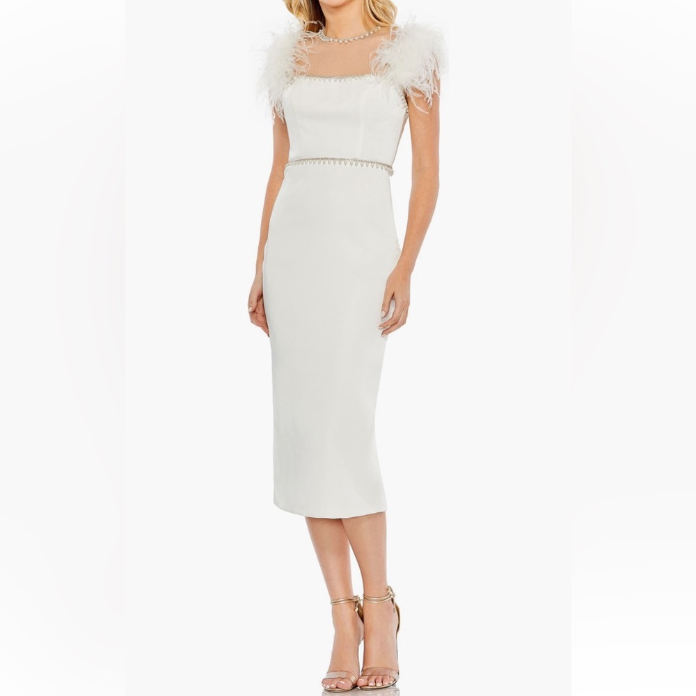 ✨NEW✨ Mac Duggal White Feather Cap Sleeve Pearl Embellished midi Dress Size 4